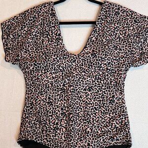 Leopard Animal Print Body Suit Flutter Sleeve Deep V Blouse Top Size XXL